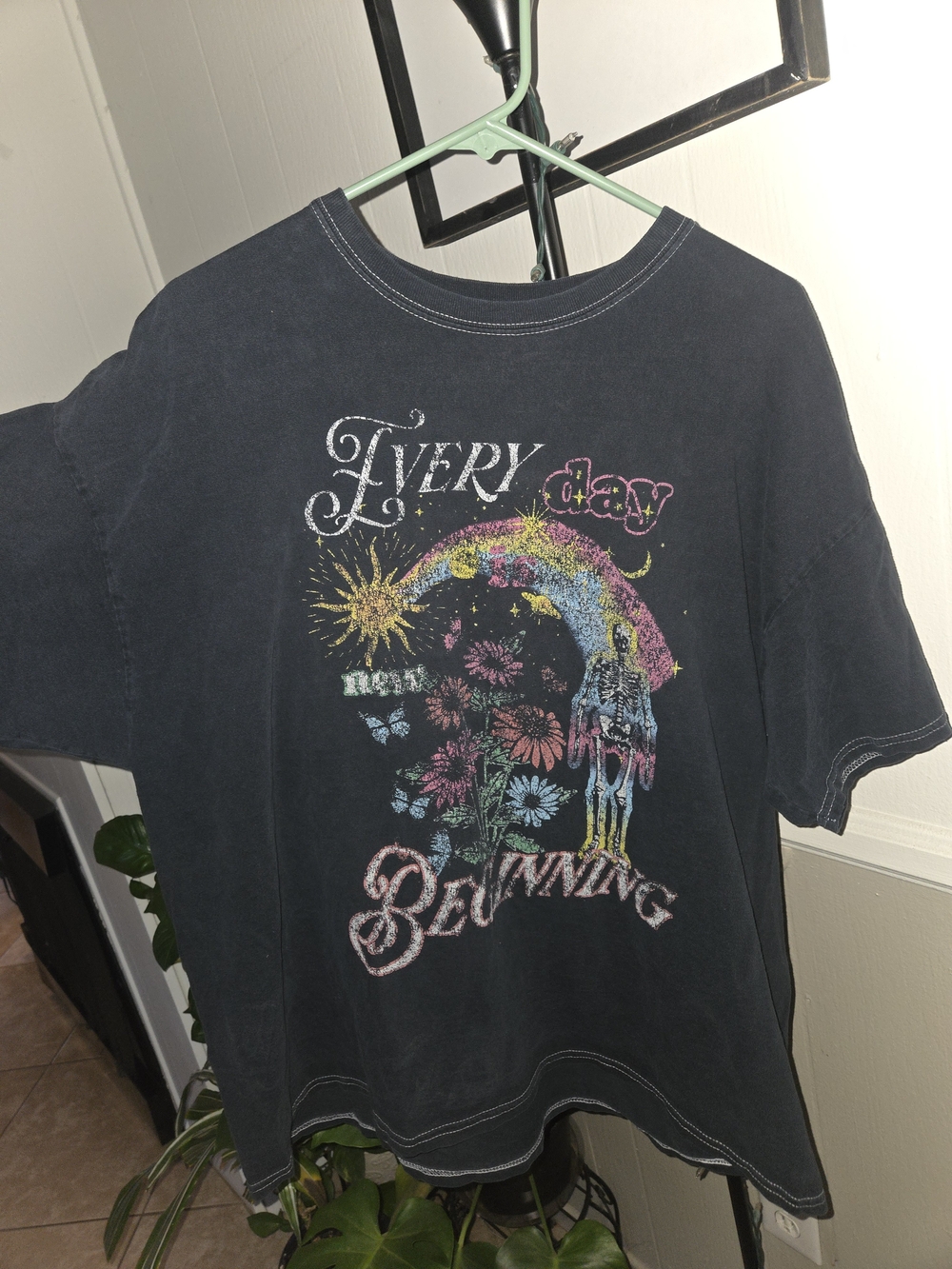 Urban Outfitters Black Graphic Tee with Rainbow Floral Print